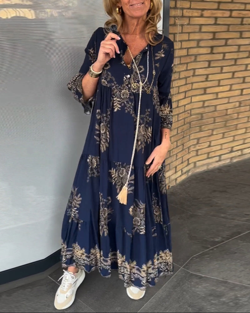 Bohemian Floral Print V-Neck Long Sleeve Tiered Maxi Dress 8