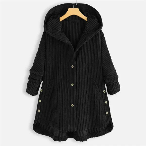 Corduroy Hooded Button Front High Low Coat