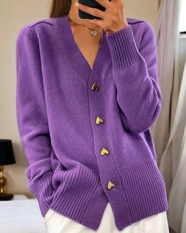 V-Neck Heart Button Ribbed Knit Cardigan 4