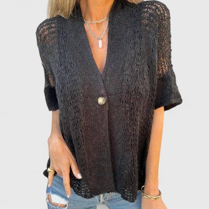 V-Neck Short Sleeve Pointelle Open Knit Button Top 4