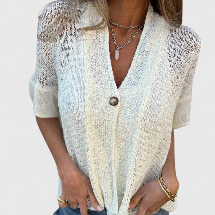 V-Neck Short Sleeve Pointelle Open Knit Button Top 5