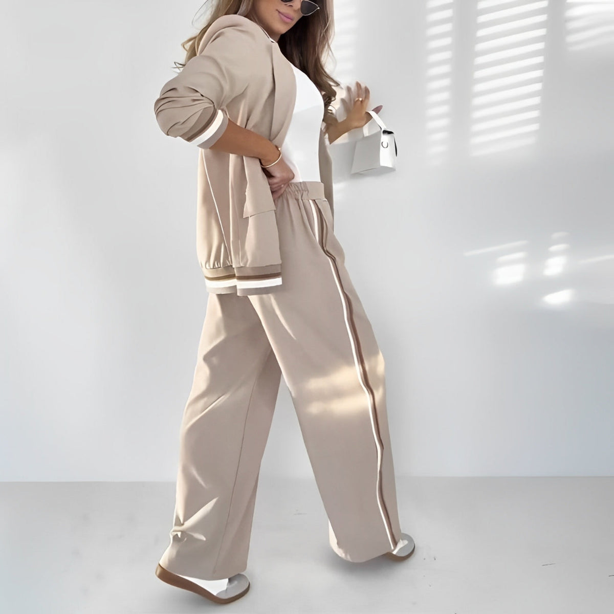 Striped Trim Blazer and Side Stripe Wide Leg Pants Two Piece Set 12
