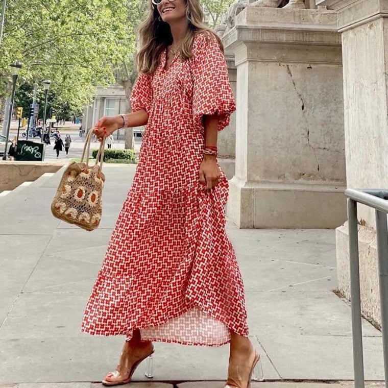 V-Neck Puff Sleeve Tiered Maxi Dress Boho