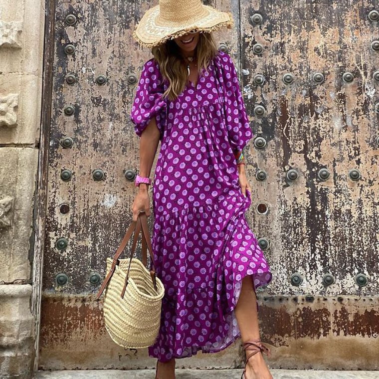 V-Neck Puff Sleeve Tiered Maxi Dress Boho 2