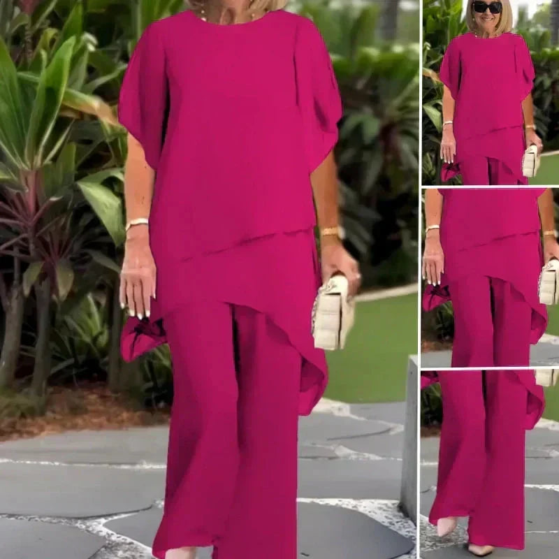 Chiffon Layered Overlay Top and Wide Leg Pants Two Piece Set 10