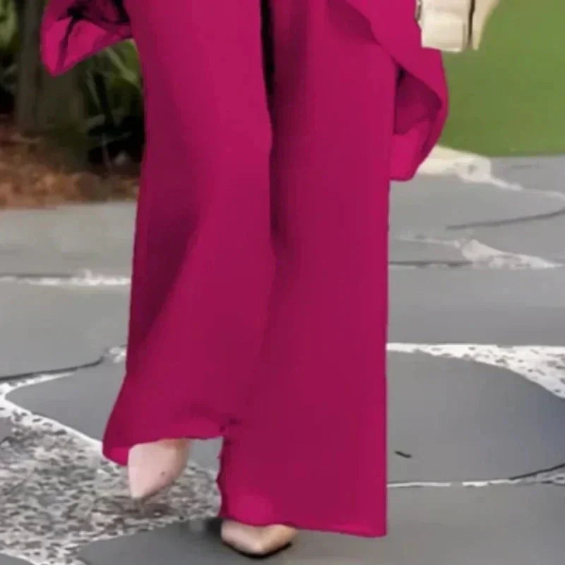 Chiffon Overlay Layered Top and Wide Leg Pants Two Piece Set 9