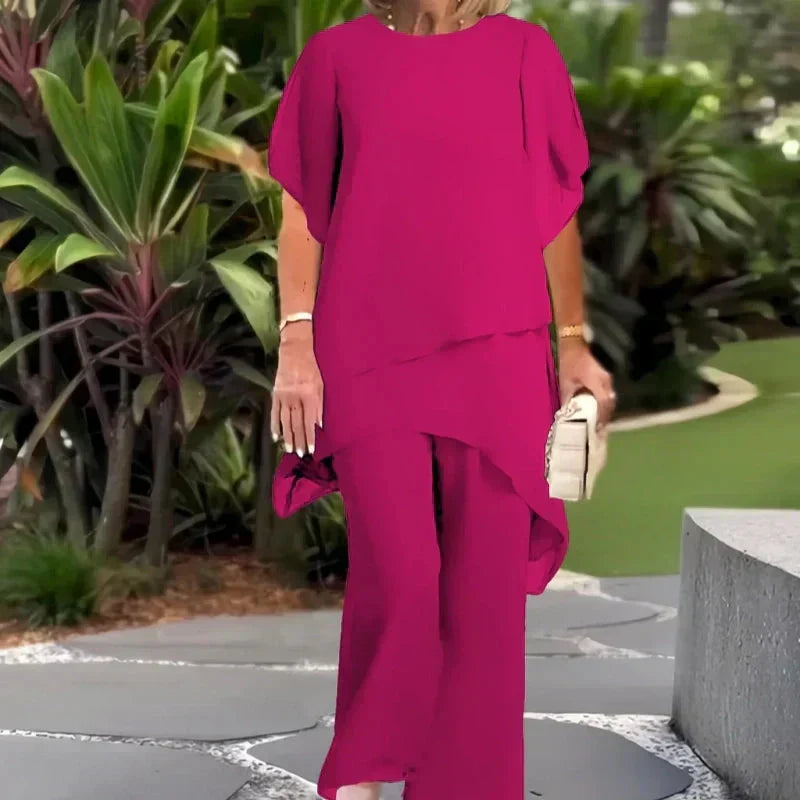 Round Neck Flutter Sleeve Layered Top and Wide Leg Pants Two Piece Set 4