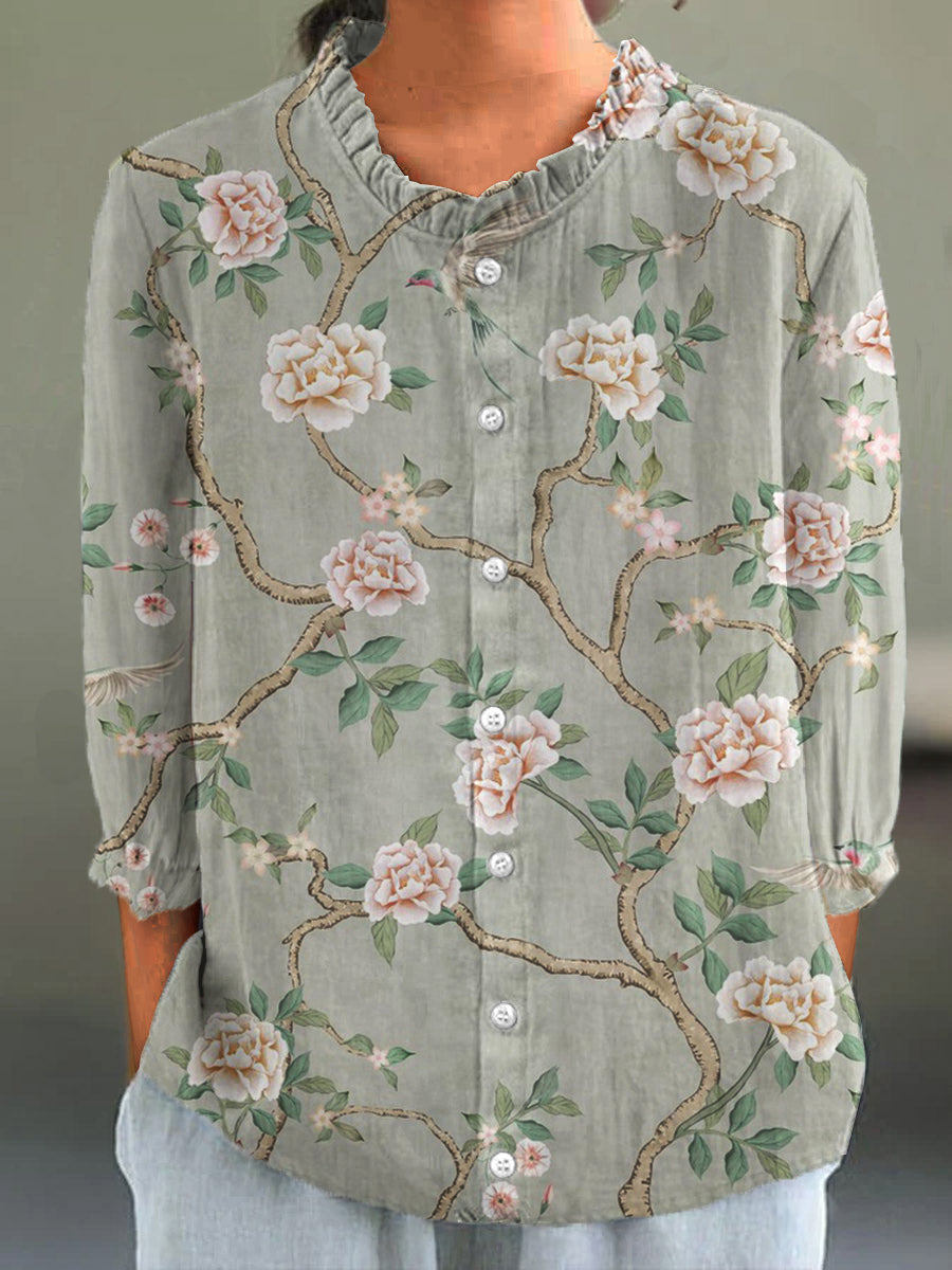 Floral Print Ruffle Neck Button Front Long Sleeve Blouse