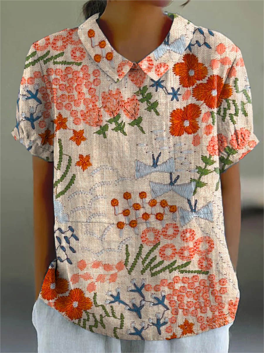 Collared Short Sleeve Floral Print Blouse