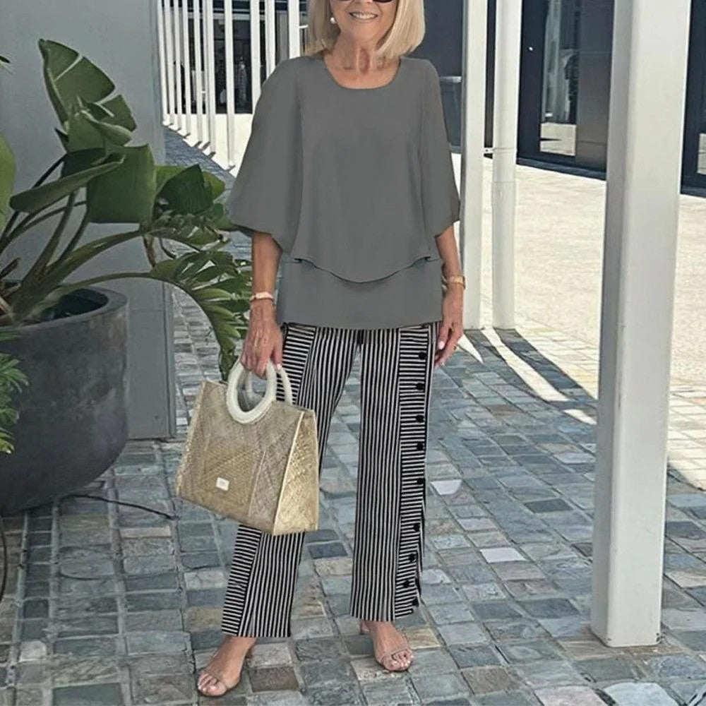 Round Neck Flutter Sleeve Top and Striped Pants Two Piece Set