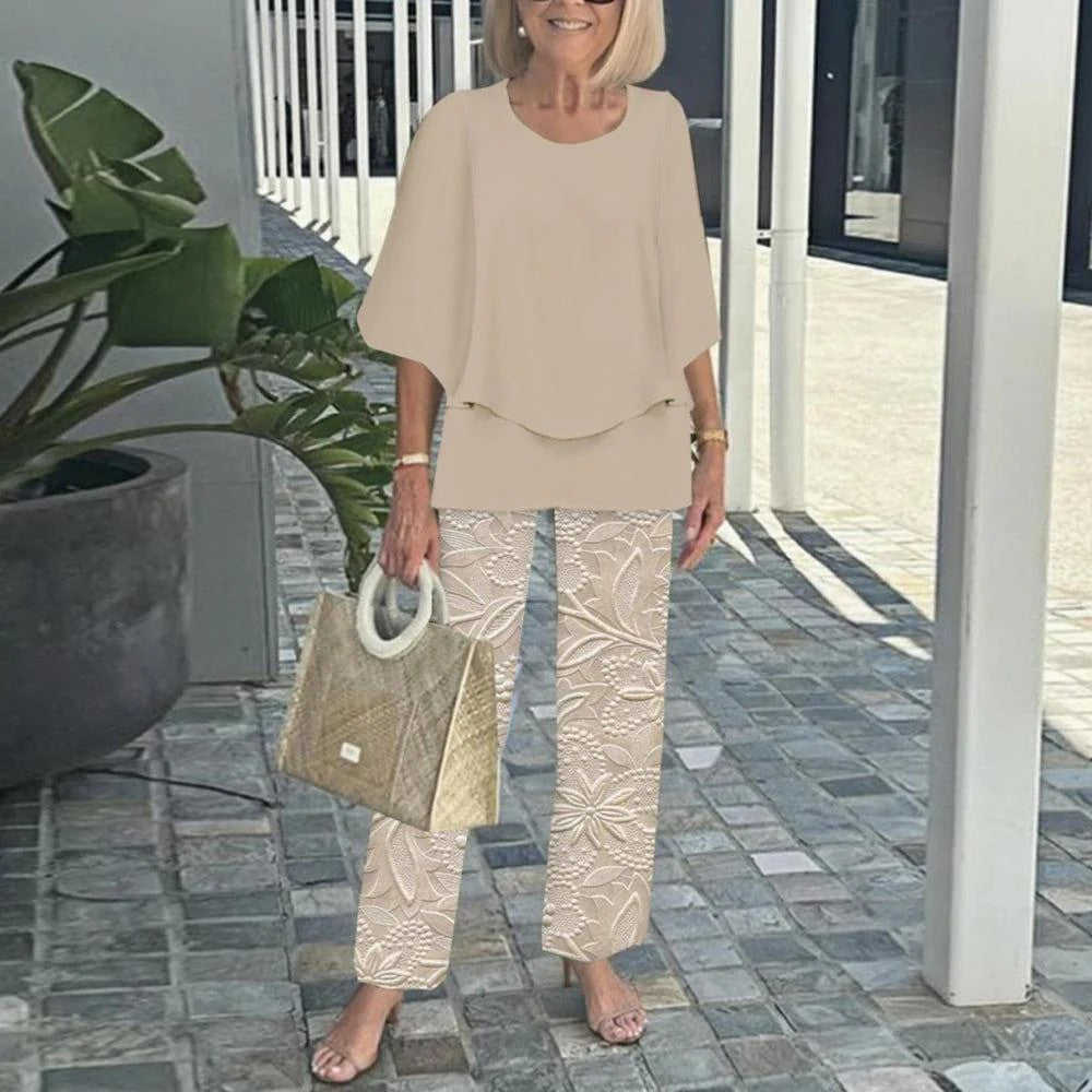 Layered Chiffon Top and Striped Pants Two Piece Set 5