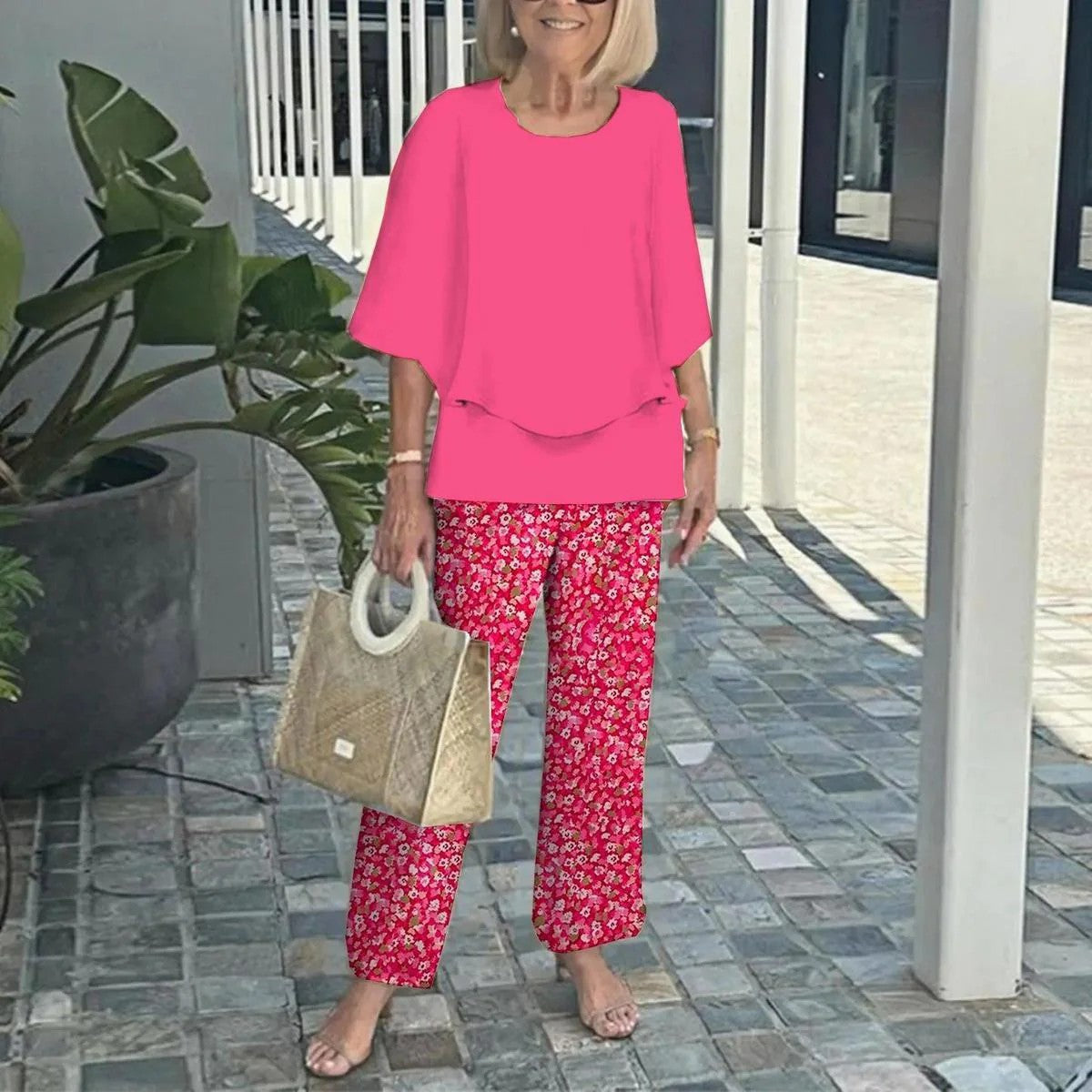 Round Neck Flutter Sleeve Top and Striped Pants Two Piece Set 6