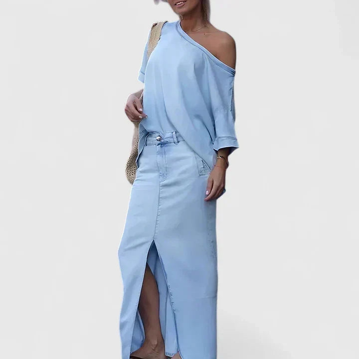 High Waist Front Slit Denim Maxi Skirt 3