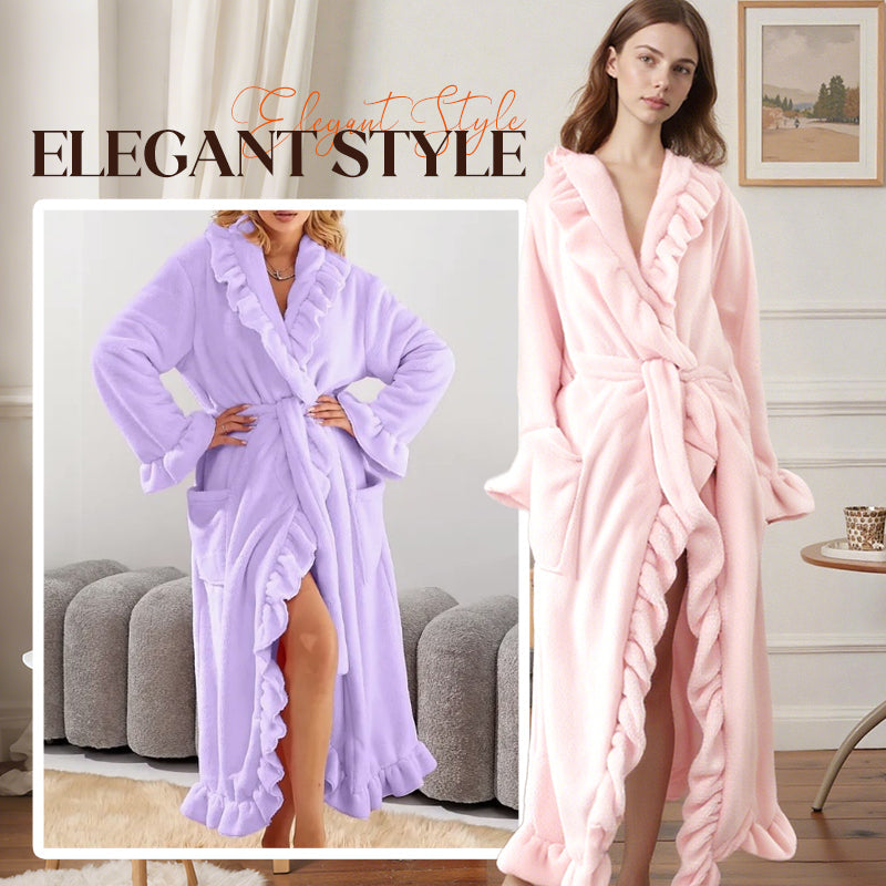 Fleece Ruffle Trim Belted Long Sleeve Dressing Gown - View 16