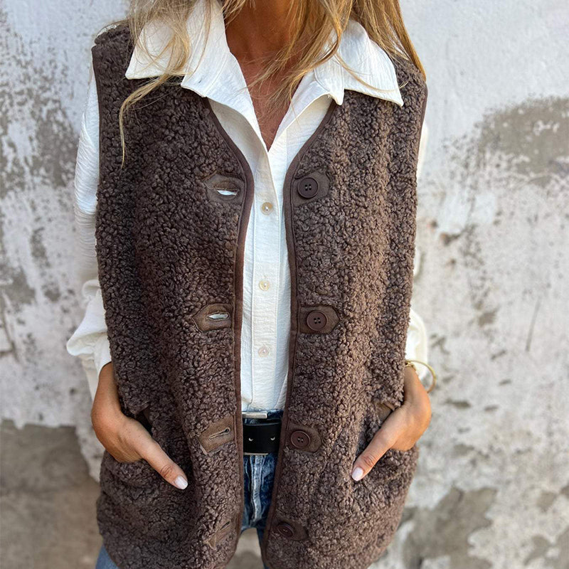 Sherpa Fleece Button Front Pocket Vest