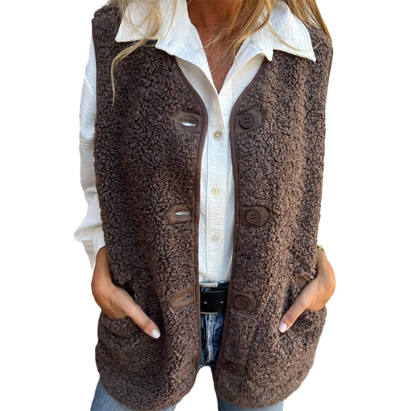 Sherpa Fleece Button Front Pocket Vest 6