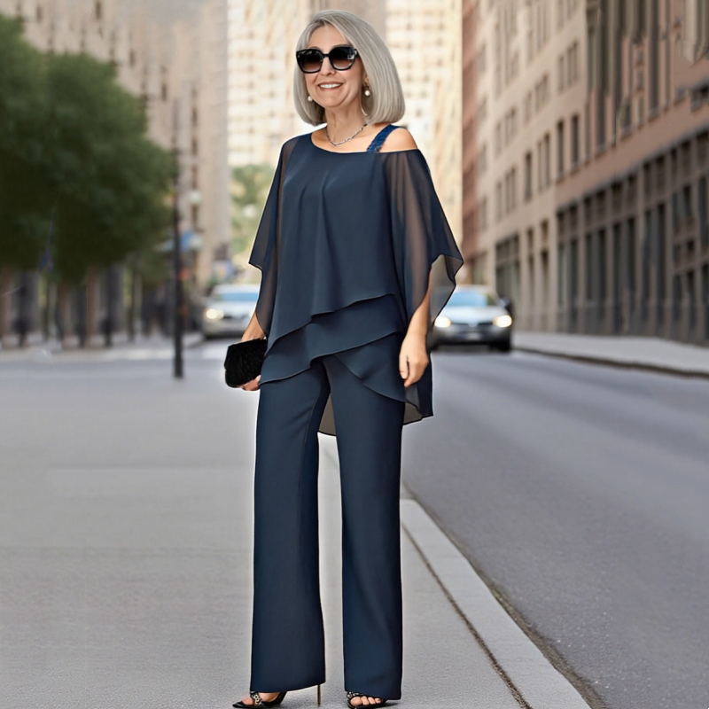 Chiffon Overlay Cape Top and Wide Leg Pants Two Piece Set 6