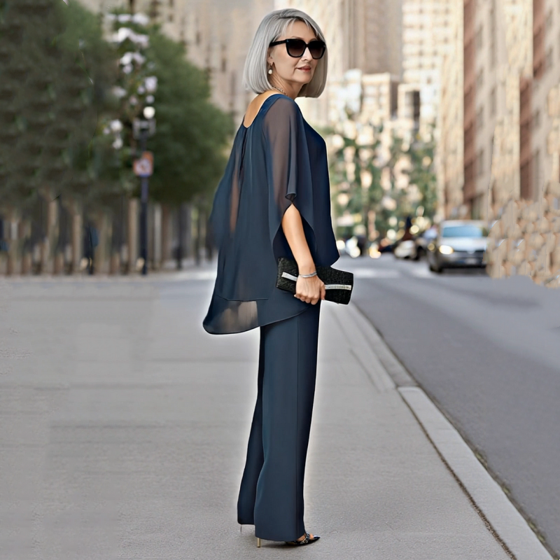 Chiffon Overlay Cape Top and Wide Leg Pants Two Piece Set 8