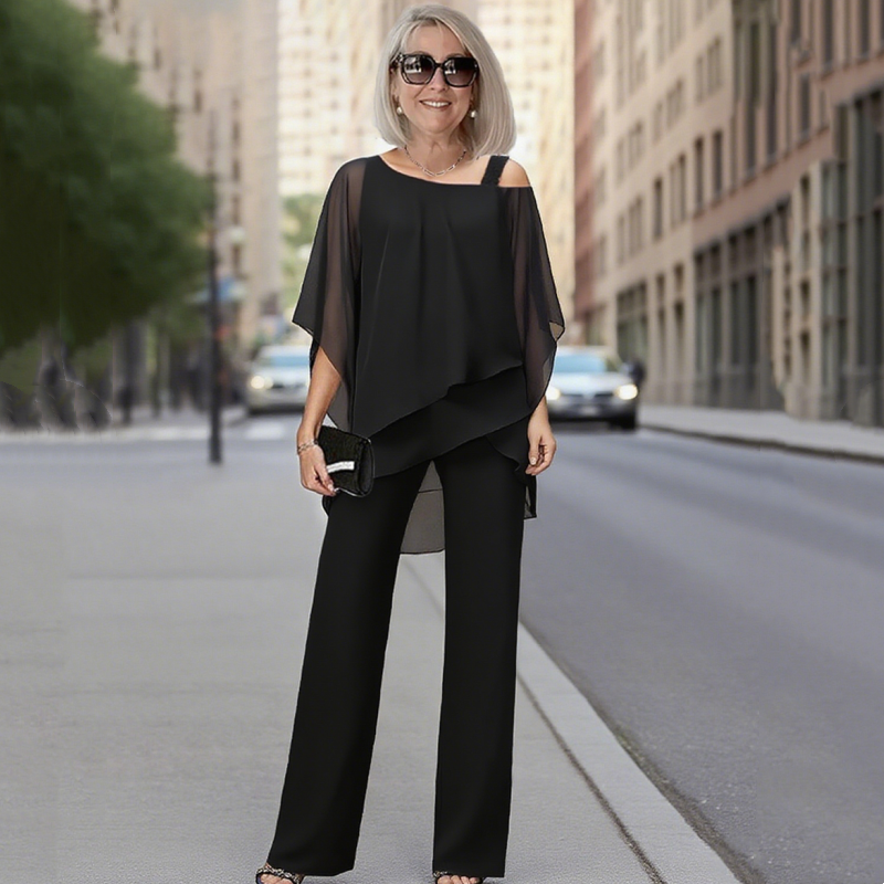 Chiffon Overlay Cape Top and Wide Leg Pants Two Piece Set 9