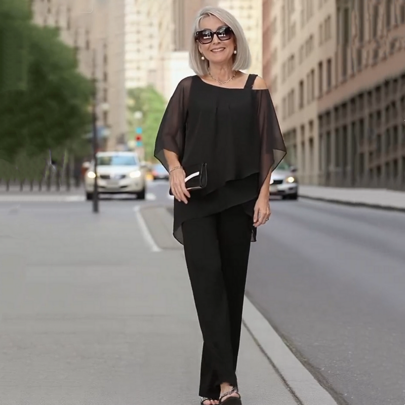 Chiffon Overlay Cape Top and Wide Leg Pants Two Piece Set 2