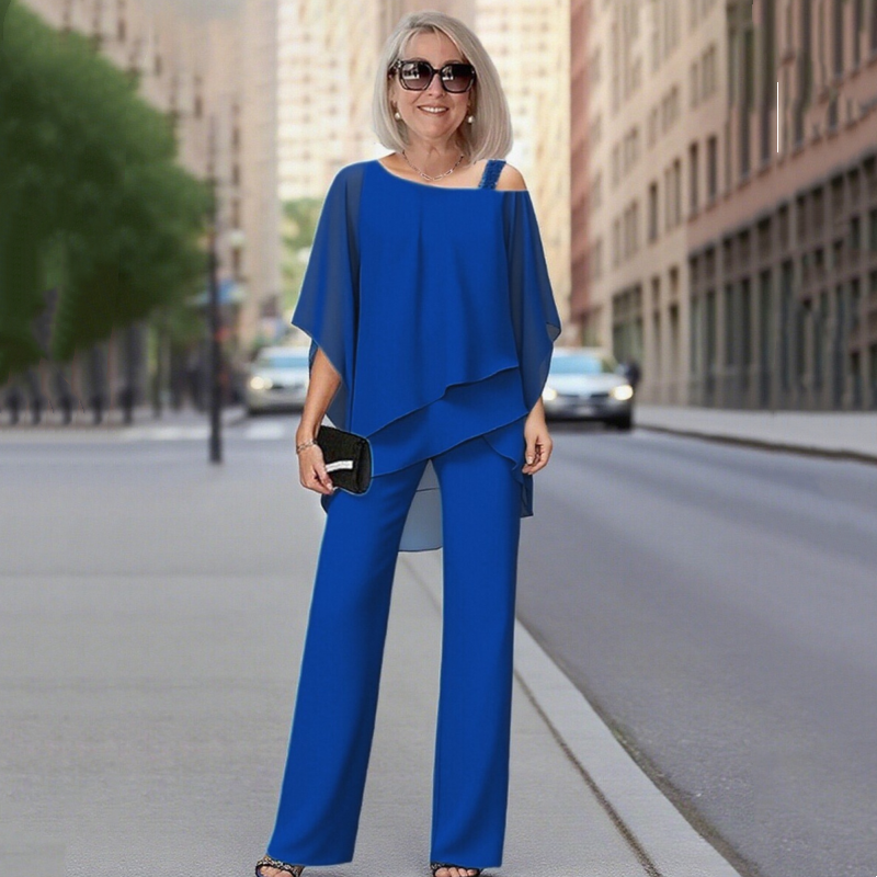 Chiffon Overlay Cape Top and Wide Leg Pants Two Piece Set 3
