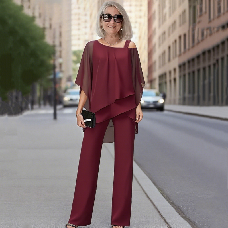 Chiffon Overlay Cape Top and Wide Leg Pants Two Piece Set 4