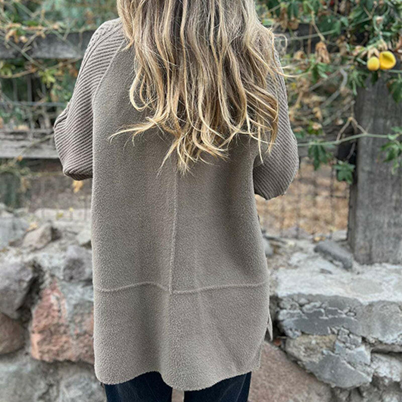 Lapel Collar Ribbed Sleeve Double Breasted Knit Coat 5