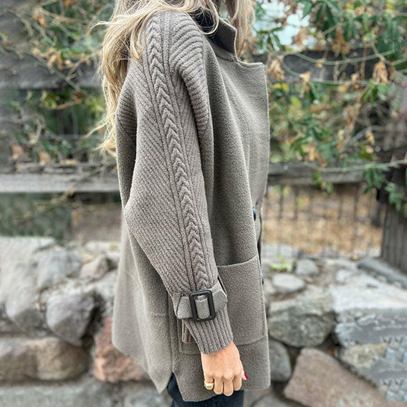 Lapel Collar Ribbed Sleeve Double Breasted Knit Coat 7