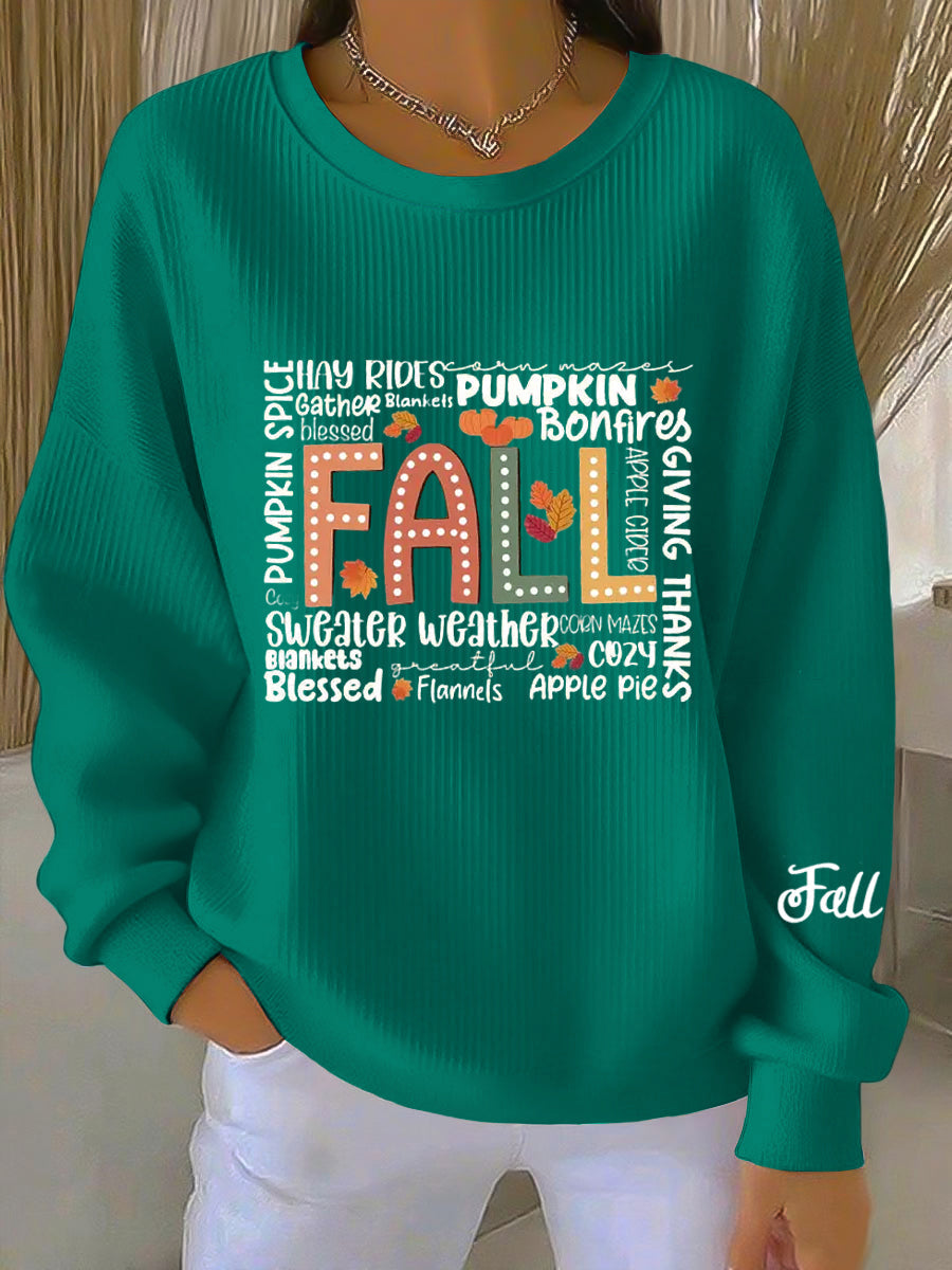 Fall Letter Print Ribbed Crew Neck Sweatshirt