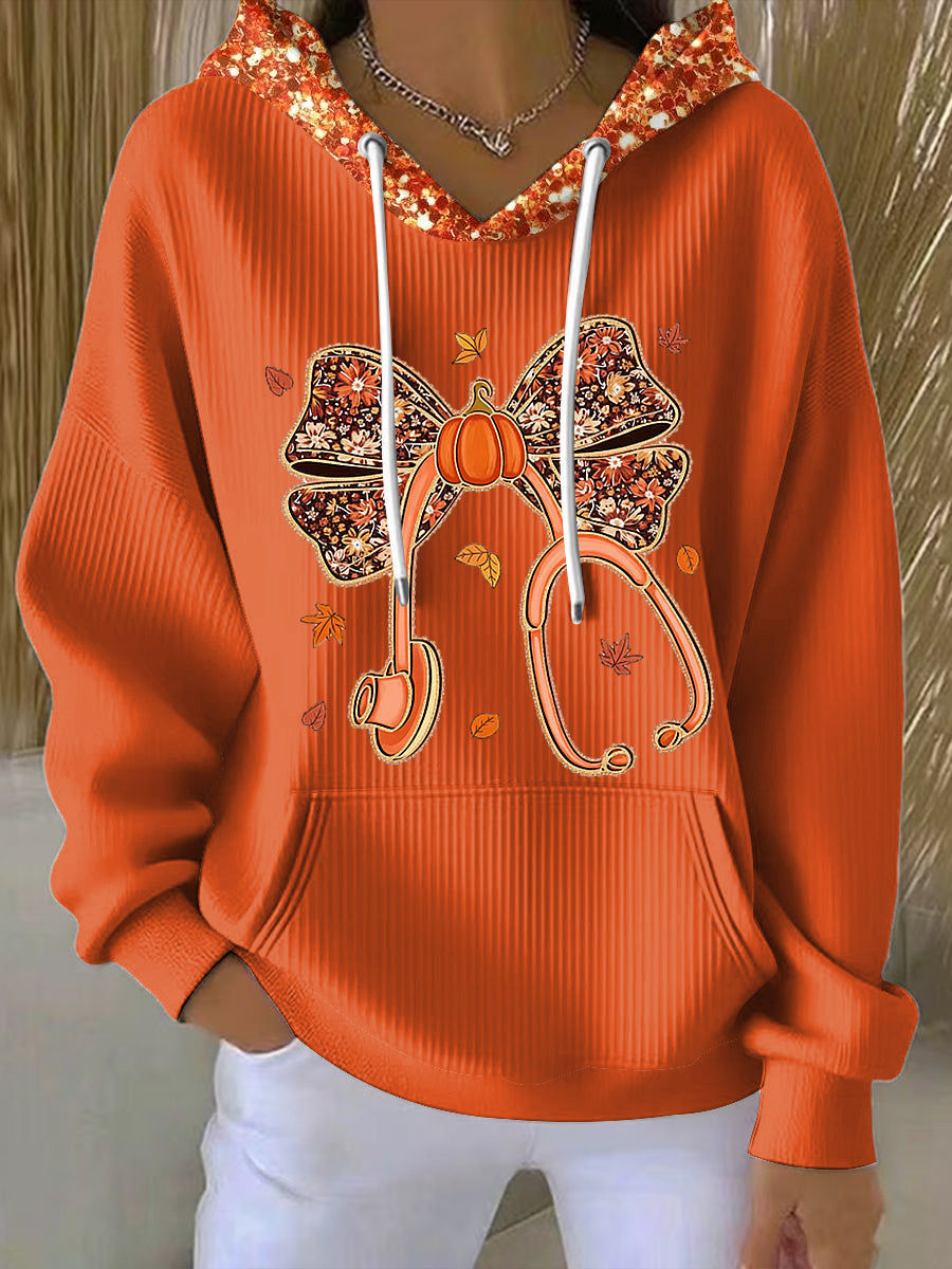 Sequin Trim Bow Print Ribbed Drawstring Hoodie
