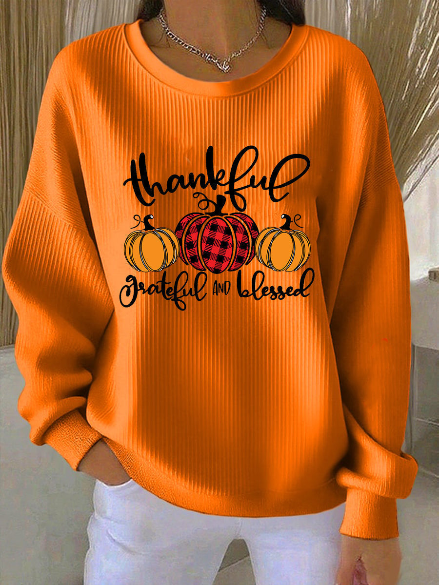 Crew Neck Pumpkin Graphic Ribbed Pullover Sweatshirt