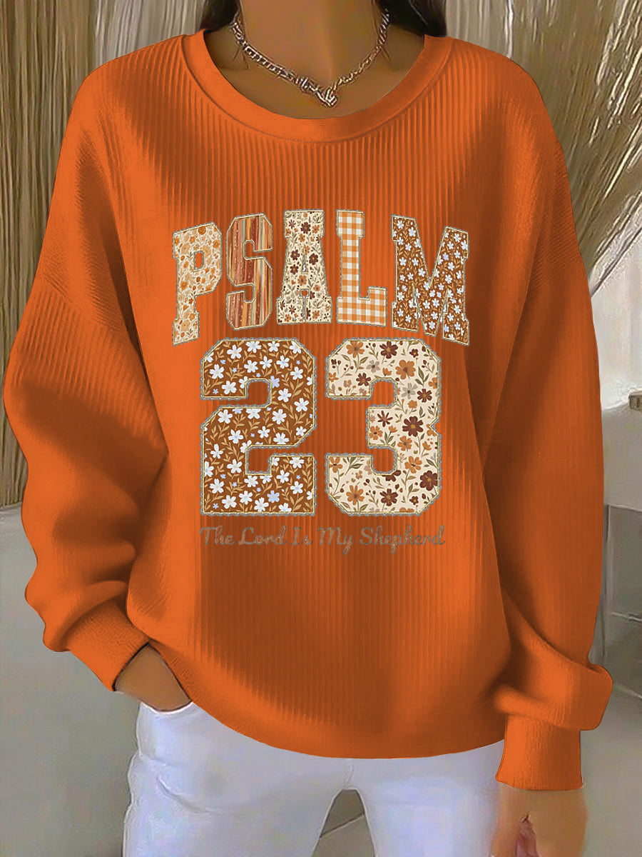 Psalm 23 Floral Letter Print Crew Neck Ribbed Sweatshirt