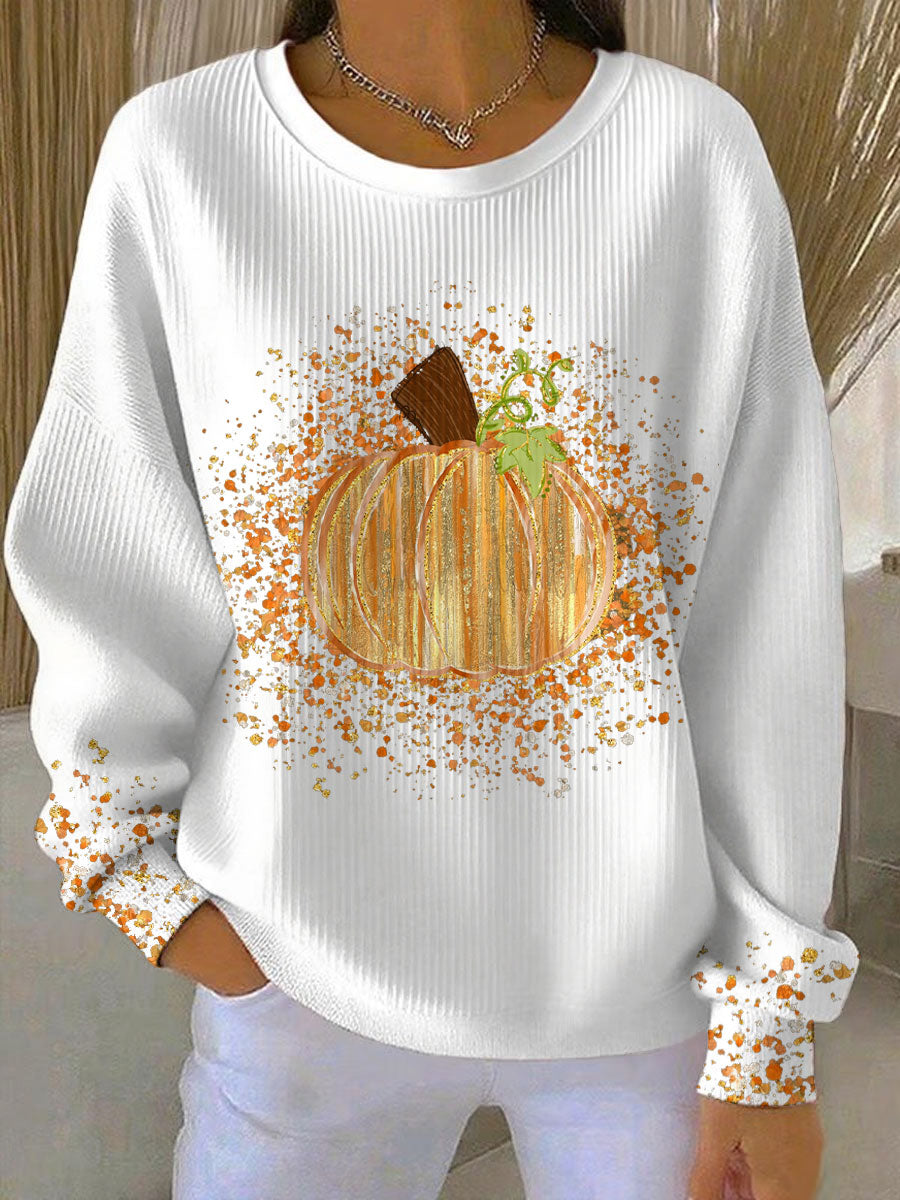 Crew Neck Long Sleeve Pumpkin Print Ribbed Sweatshirt 2
