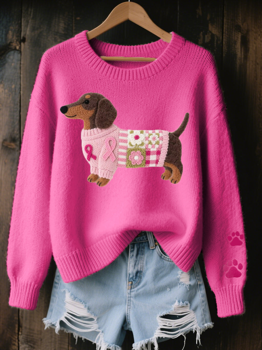 Dachshund Motif Crew Neck Long Sleeve Knit Sweater 2