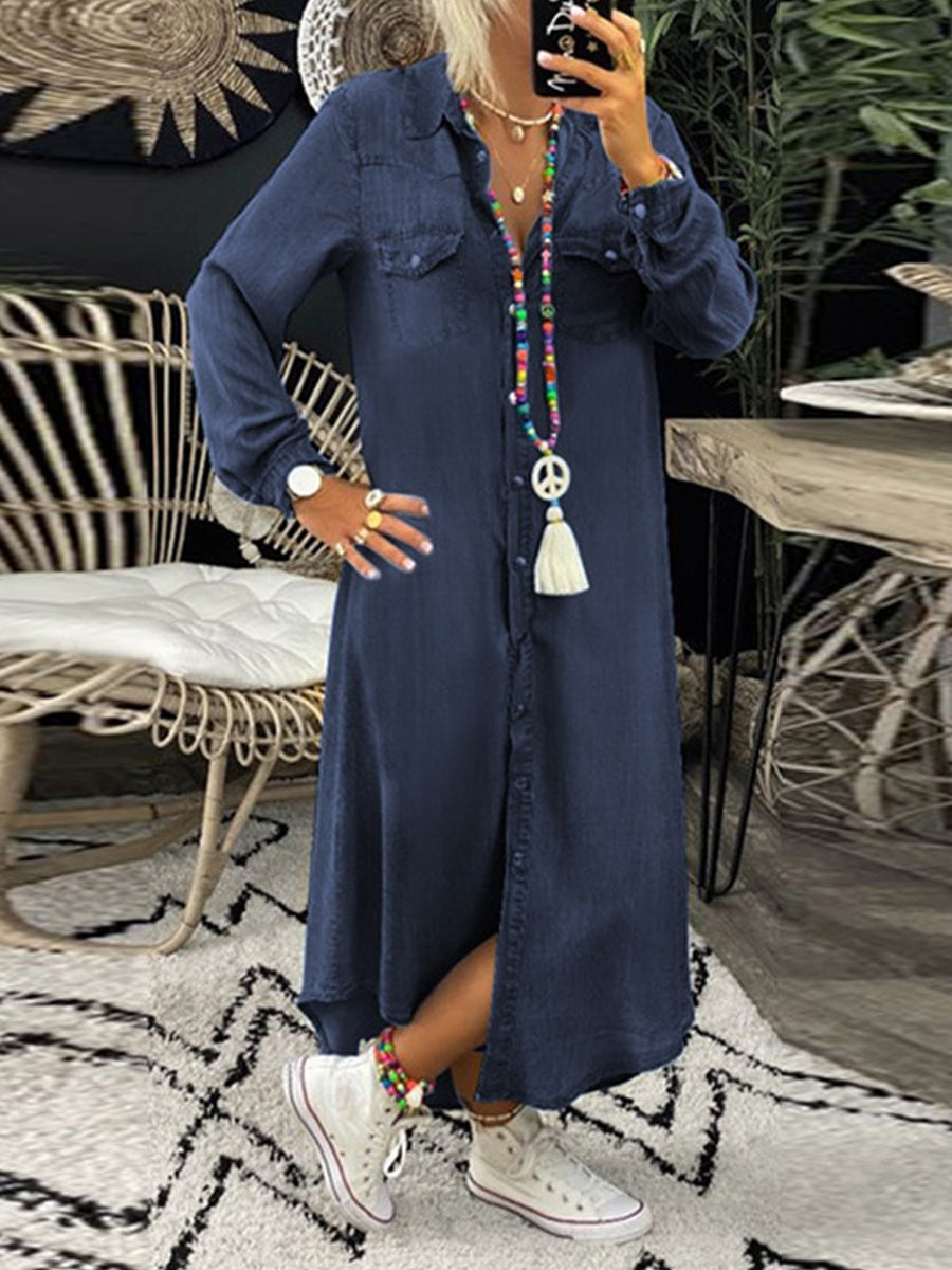 Long Sleeve Button Front Denim Shirt Midi Dress 3