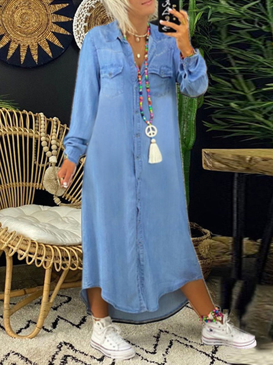 Long Sleeve Button Front Denim Shirt Midi Dress 2