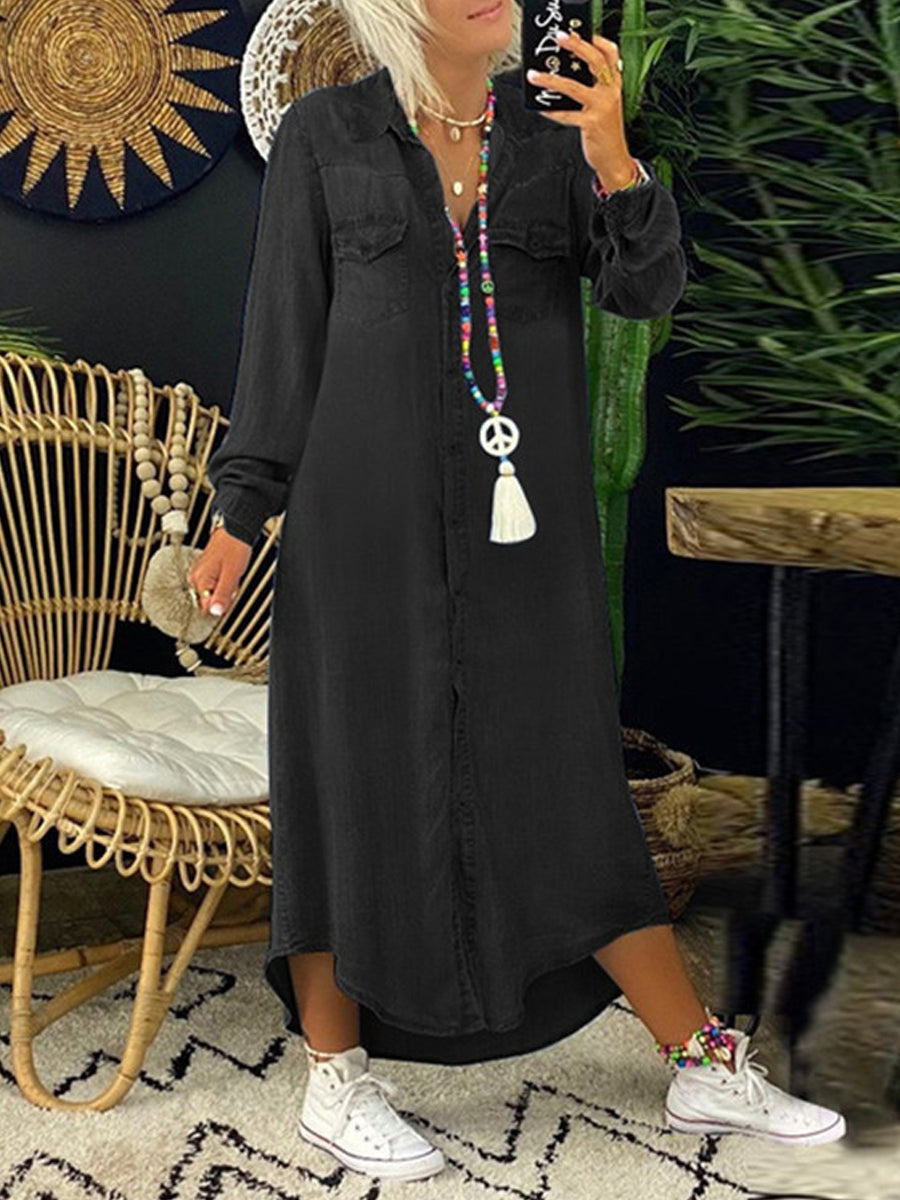 Long Sleeve Button Front Denim Shirt Midi Dress 4