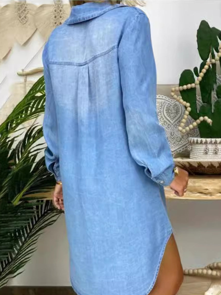 Collared Long Sleeve Button Up Denim Shirt Dress 3