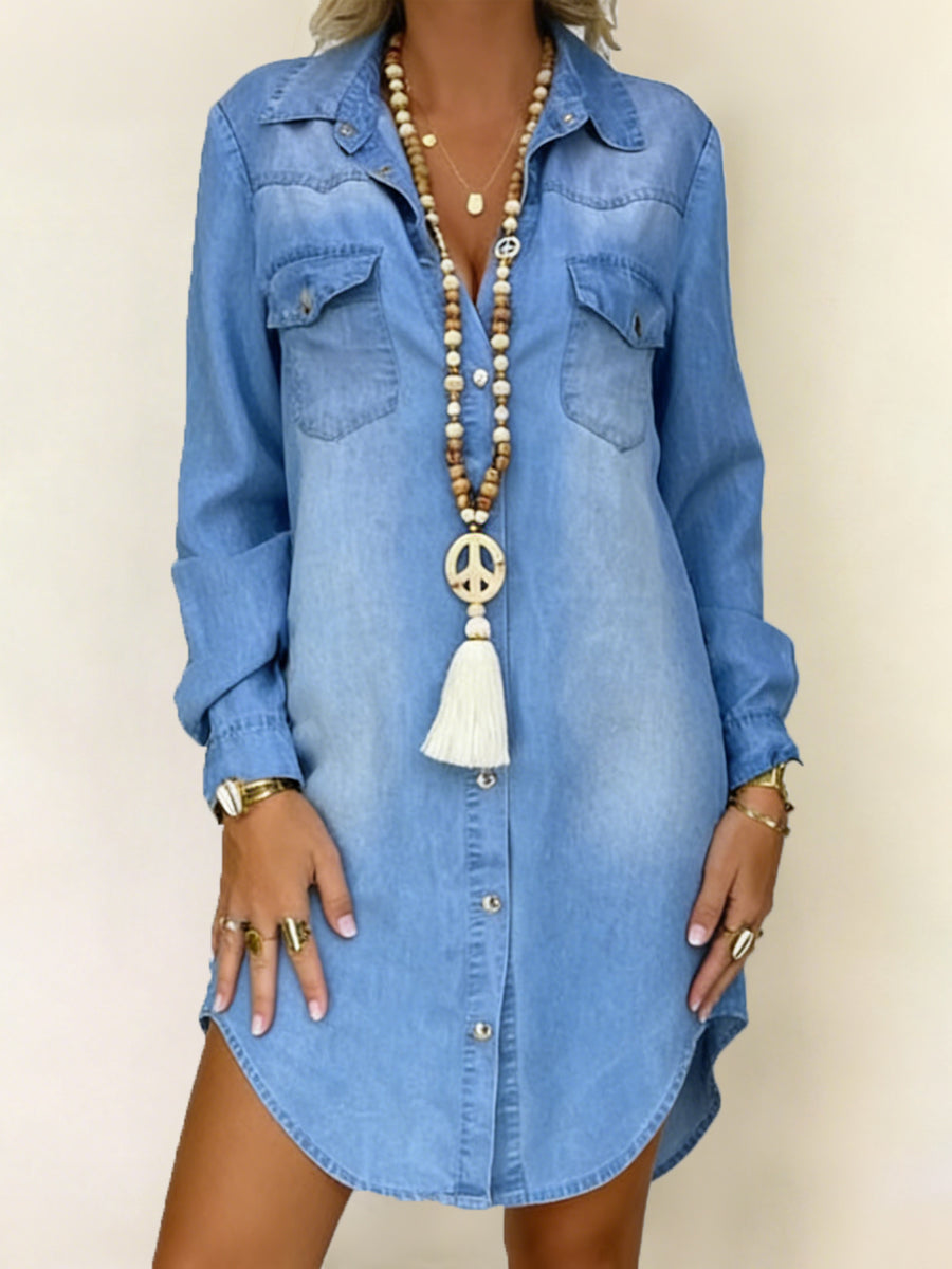 Collared Long Sleeve Button Up Denim Shirt Dress