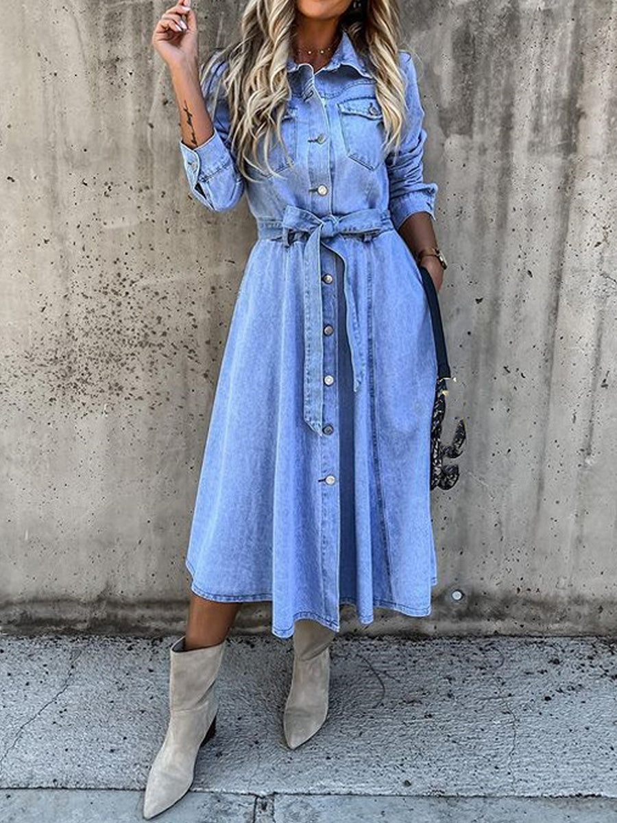 Button Front Belted Long Sleeve Denim Shirt Dress 3