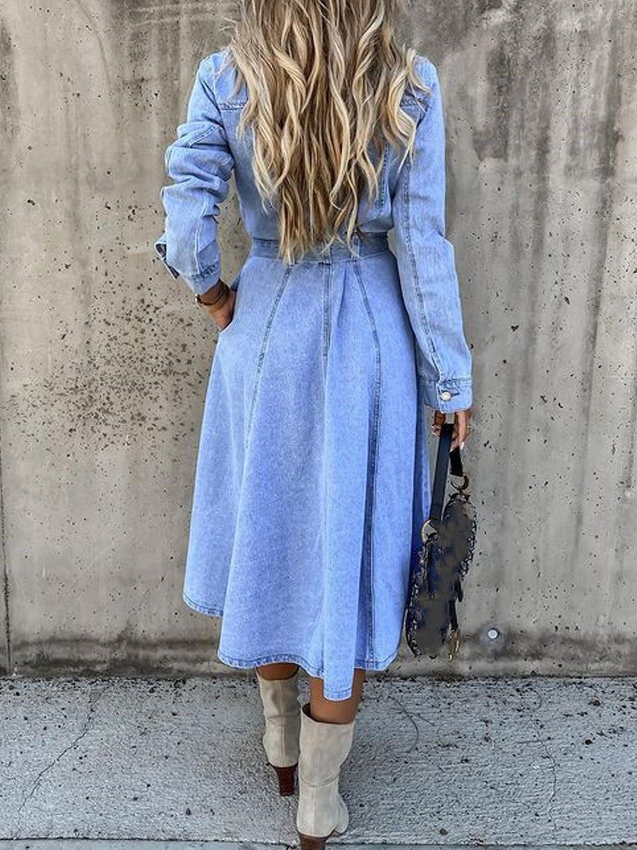 Button Front Belted Long Sleeve Denim Shirt Dress 4