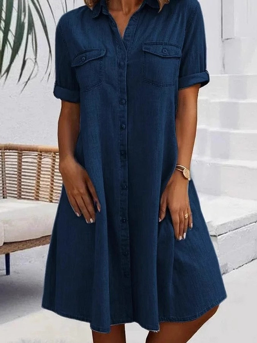 Button Front Short Sleeve Denim Shirt Dress 2