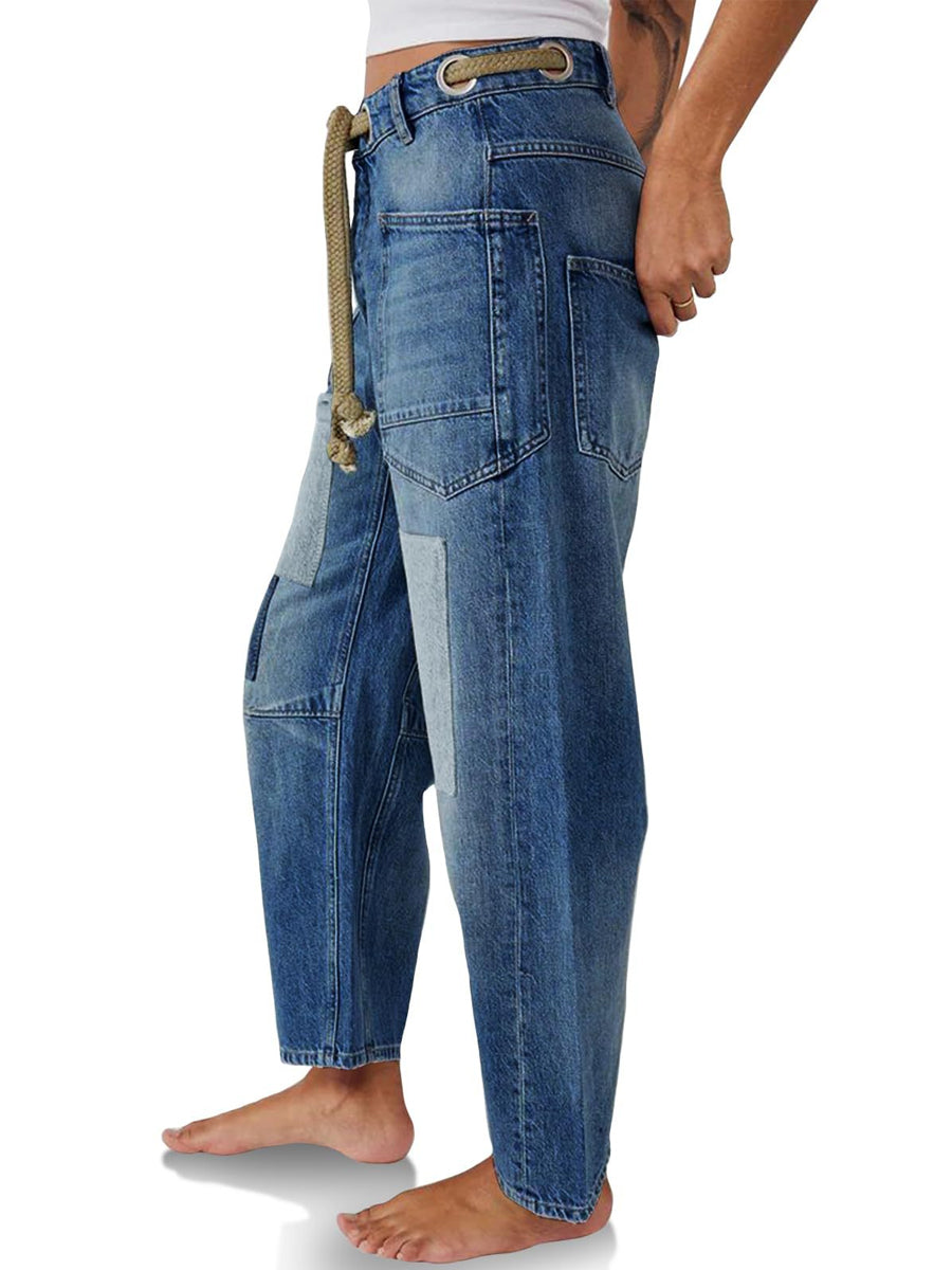 Rope Drawstring Patchwork Straight Leg Jeans 3