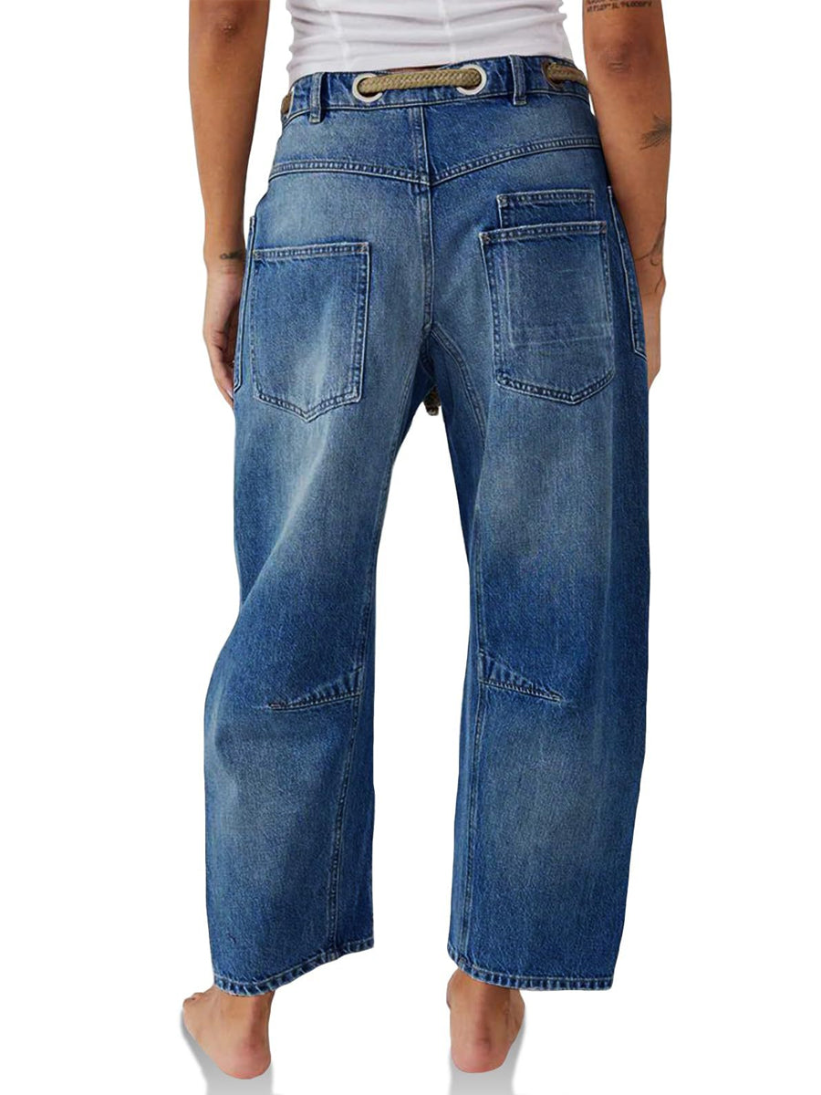 Rope Drawstring Patchwork Straight Leg Jeans 4