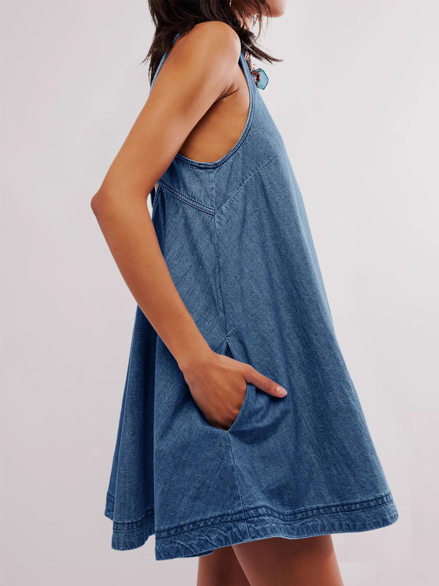Halter Neck Sleeveless Denim Shift Mini Dress 5