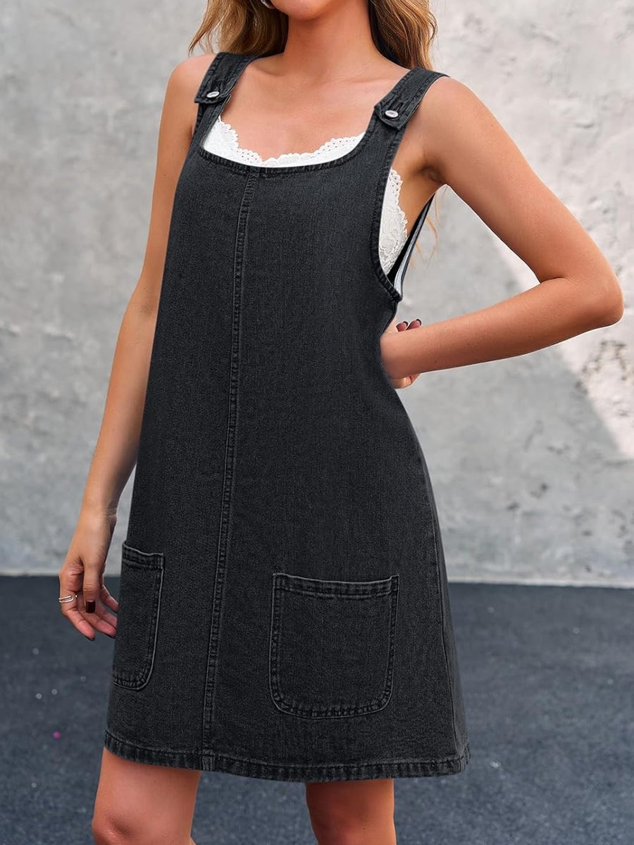 Square Neck Lace Trim Pocket Denim Pinafore Dress 7
