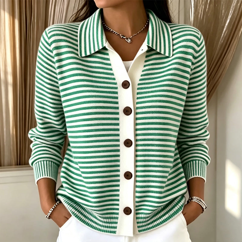 Striped Collared Button Front Long Sleeve Knit Cardigan