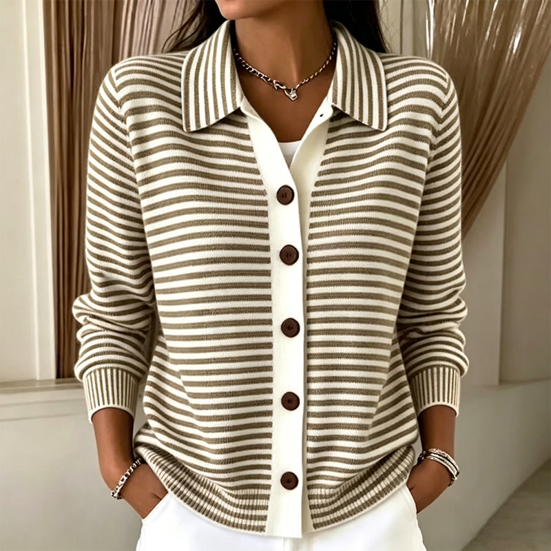 Striped Collared Button Front Long Sleeve Knit Cardigan 3