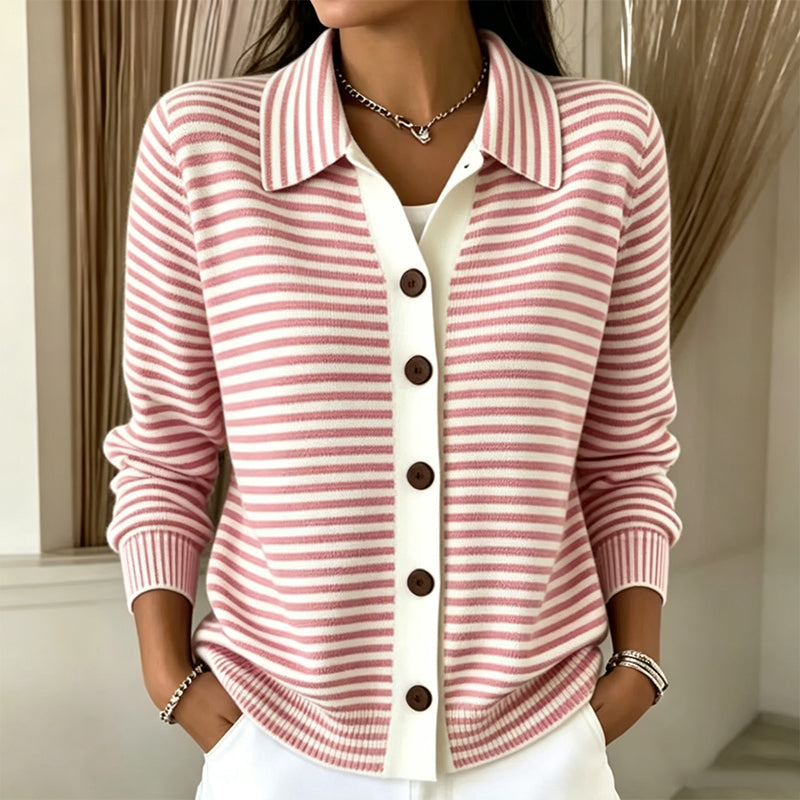 Striped Collared Button Front Long Sleeve Knit Cardigan 4