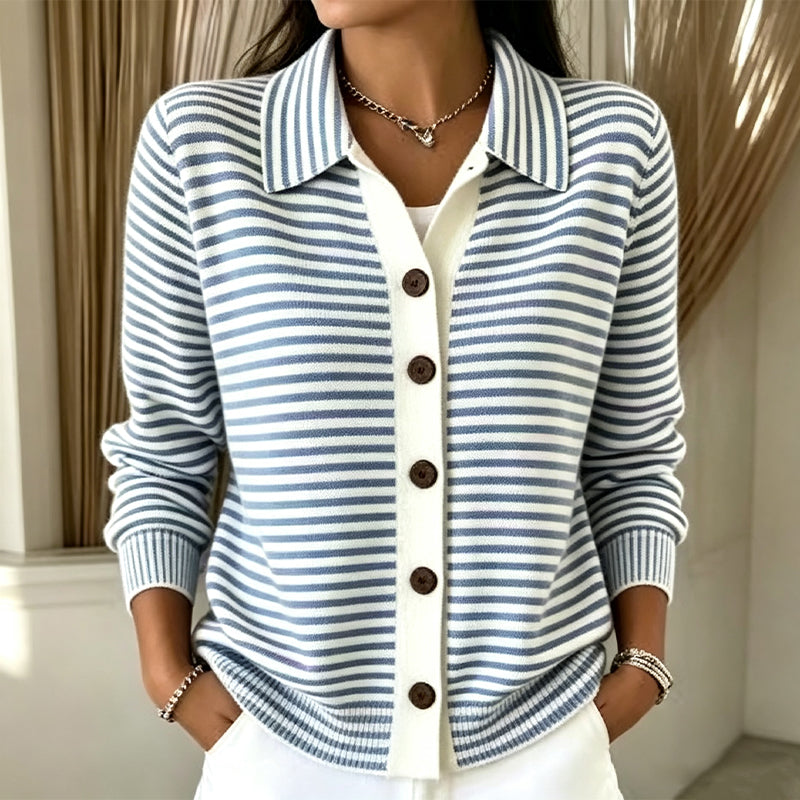 Striped Collared Button Front Long Sleeve Knit Cardigan 6